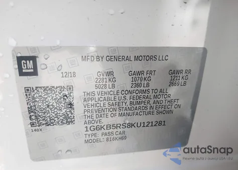 2019 Cadillac Ct6 Luxury z USA, uszkodzony, nr VIN 1G6KB5RS8KU121281